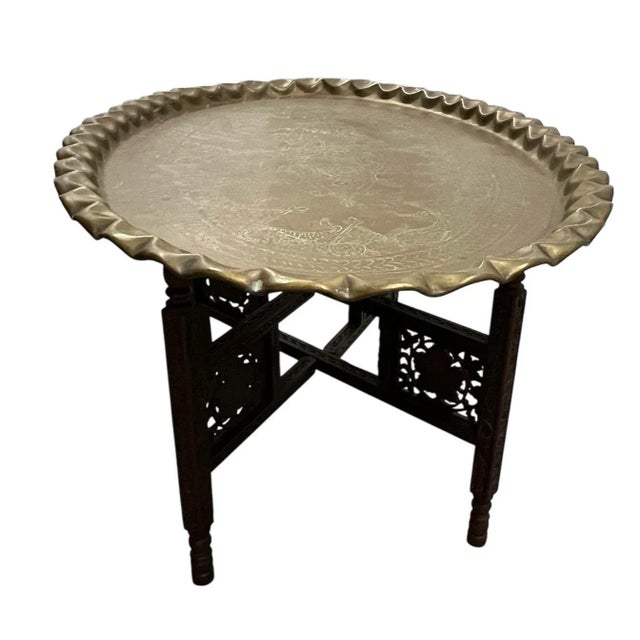 Mid-Century Moroccan Oval Brass Tray Table For Sale - Image 4 of 14