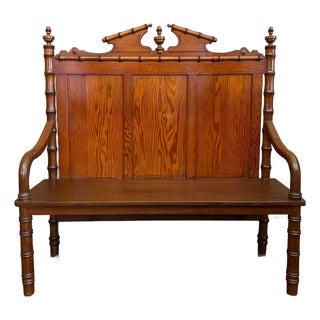 Antique English Faux Bamboo Pine Hall Bench Victorian High Back Settle C1890 For Sale