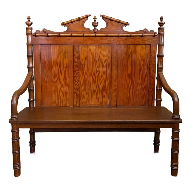 Antique English Faux Bamboo Pine Hall Bench Victorian High Back Settle C1890 For Sale
