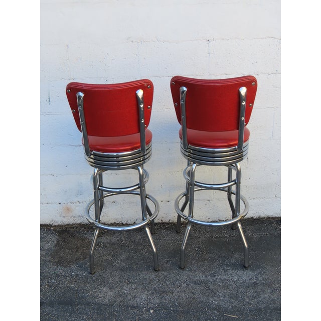 Retro Mid Century Modern Swivel Red Vinyl and Chrome Barstools 6350 For Sale - Image 4 of 18