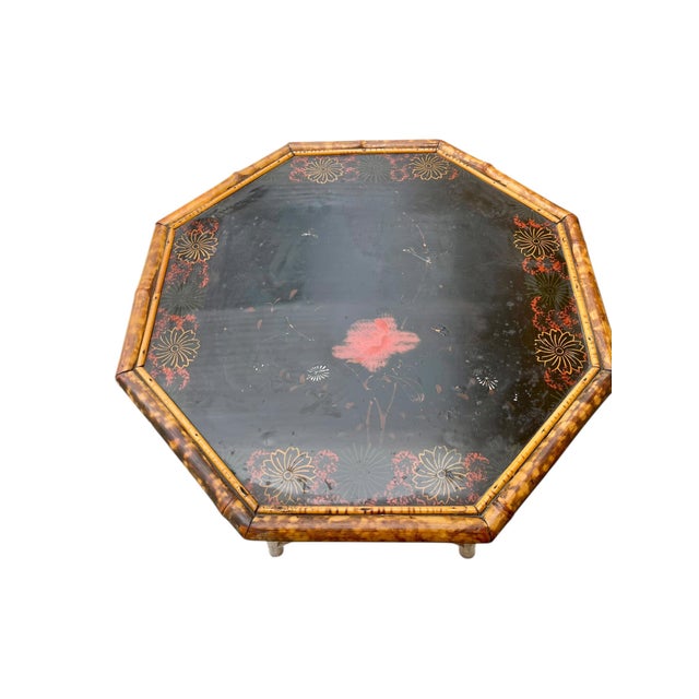Early 20th Century Antique Scorched Bamboo Chinoiserie Side Table With Hand-Painted Lacquer Top, Early 20th Century For Sale - Image 5 of 18
