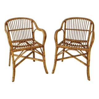 Pair of 1970s Rattan Armchairs, Handwoven For Sale