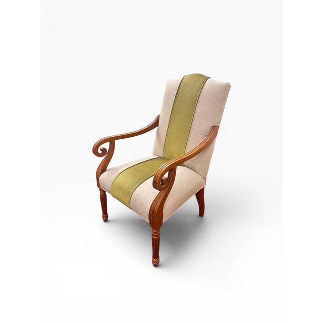Textile Reupholstered Attributed Baker Furniture Milling Road Accent Chair With Embossed Leather Back For Sale - Image 7 of 11