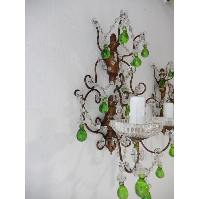 1920 French Green Murano Drops Beaded Swags Giltwood Sconces For Sale - Image 12 of 13