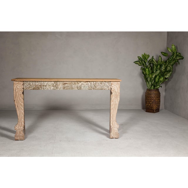 Wood Mughal Style Whitewash Console Table with Foliage Carved Apron and Legs For Sale - Image 7 of 12