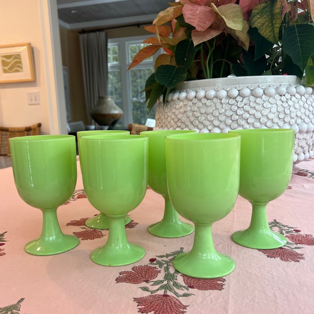 French Rare Jade Green Portieux Vallerystal Opaline Glass Water or Wine Goblets For Sale - Image 3 of 10