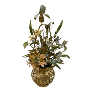 1970s Mottahedeh Design Brass Basket With Enamel Flower & Leaf Design