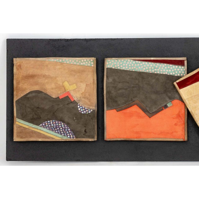 Giorgio Saporiti (Italian, XX-XXI) Geometric Patchwork Leather Tapestry, 1991, with four square relief panels, signed and...