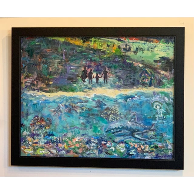 Abstract Contemporary Oil Painting 24"x20" - Framed A family crosses a body of water, unknown sea creatures are up ahead....