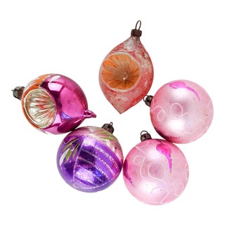 Hot Pink & Purple Hand Blown Glass Christmas Ornaments - Set of 5 For Sale