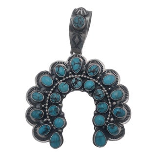 Prince Turquoise Naja Pendant by Randy Boys - Sterling Silver Authentic Native American Handmade For Sale