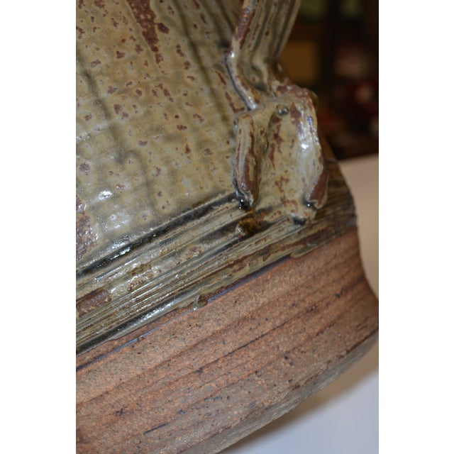 Studio Art Pottery Large Brown/Tan Cannister Container With Carved Face / Handles & Lid For Sale - Image 14 of 14