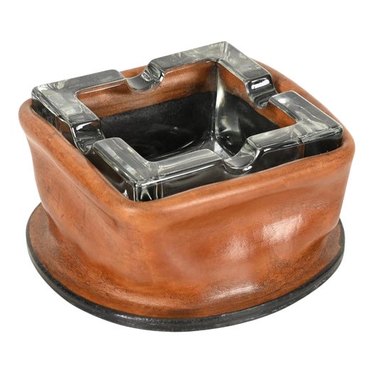 Curved Leather and Crystal Ashtray by Jacques Adnet, Italy, 1950s For Sale