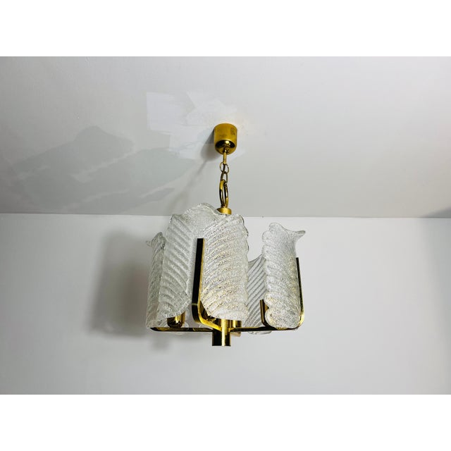 Large Rare Midcentury 4-Arm Brass and Ice Glass Chandelier, 1960s For Sale - Image 11 of 11