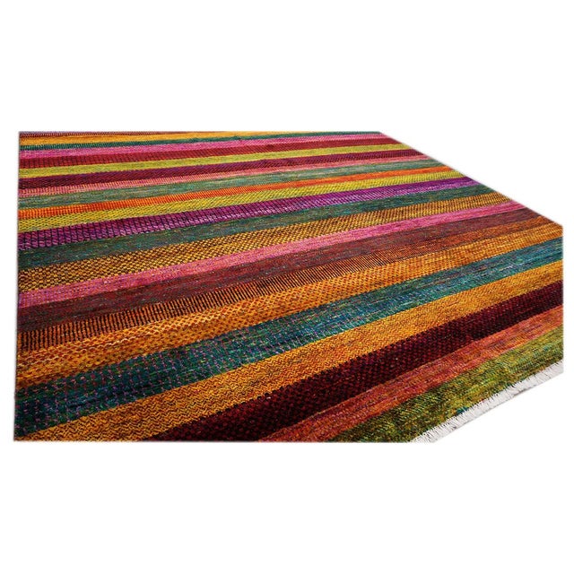 Indian Modern Sari Silk Ikat 9x12 Vibrant Multicolor Handmade Area Rug #9902755 For Sale - Image 4 of 5