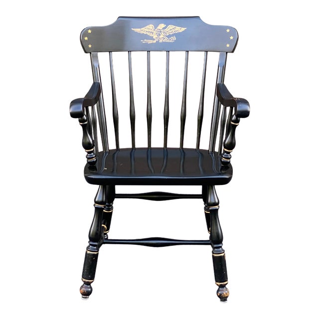 Vintage Ethan Allen Early American Black & Gold Stenciled Armchair Hitchcock Style For Sale