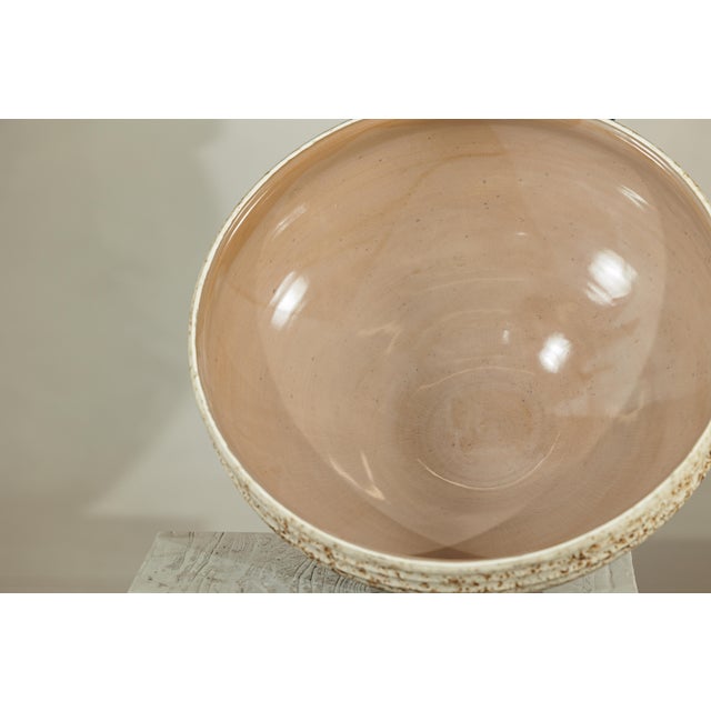 Large Artisan Ceramic Bowl with Cream and Sand Textured Glaze on Pedestal Base For Sale - Image 9 of 18