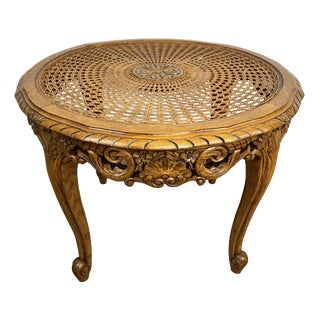 Vintage French Louis Style Carved Oak and Cane Top Side or Coffee Table For Sale