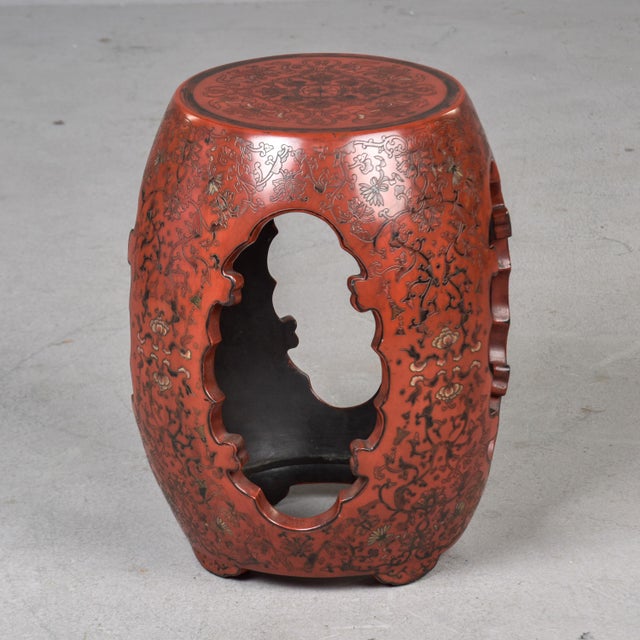 1940s Vintage Chinese Carved and Etched Wooden Drum Table or Stool For Sale - Image 5 of 12