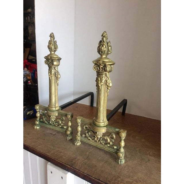1910s Antique Andirons, Neoclassical Style Andirons, Brass For Sale - Image 5 of 9
