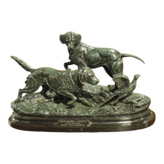 19th Century French Bronze Sculpture, a Pointer and Spaniel Hunting a Pheasant For Sale
