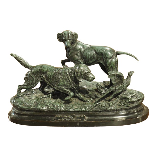 19th Century French Bronze Sculpture, a Pointer and Spaniel Hunting a Pheasant For Sale