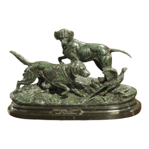 19th Century French Bronze Sculpture, a Pointer and Spaniel Hunting a Pheasant