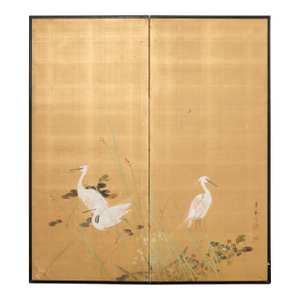 Mid 20th Century Japanese Showa Two Panel Screen Egrets in Grass
