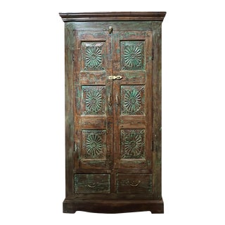 1920s Antique Green Charka Artistic Carved Medallions Indian Cabinet in Reclaimed Wood For Sale