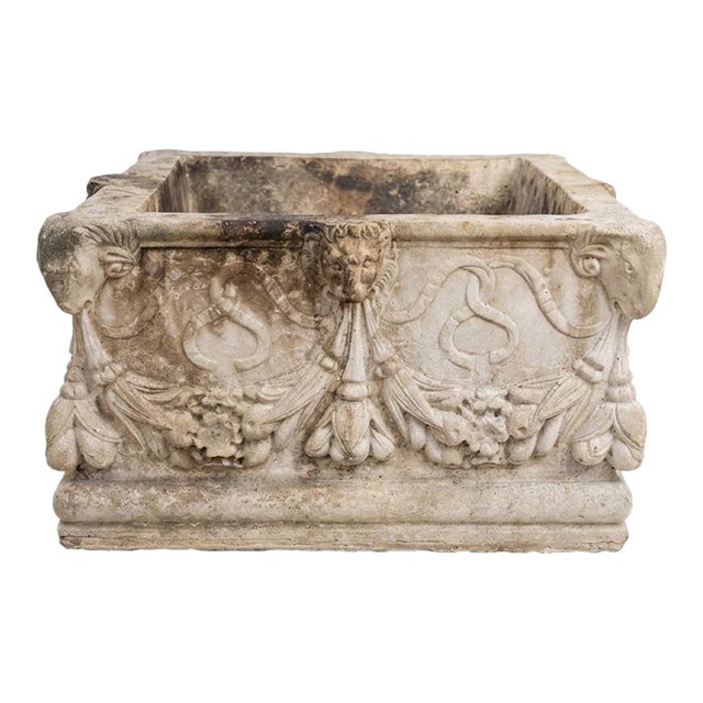 Vintage Neoclassical Cast Stone Planter With Ram's Head and Lion Masks For Sale