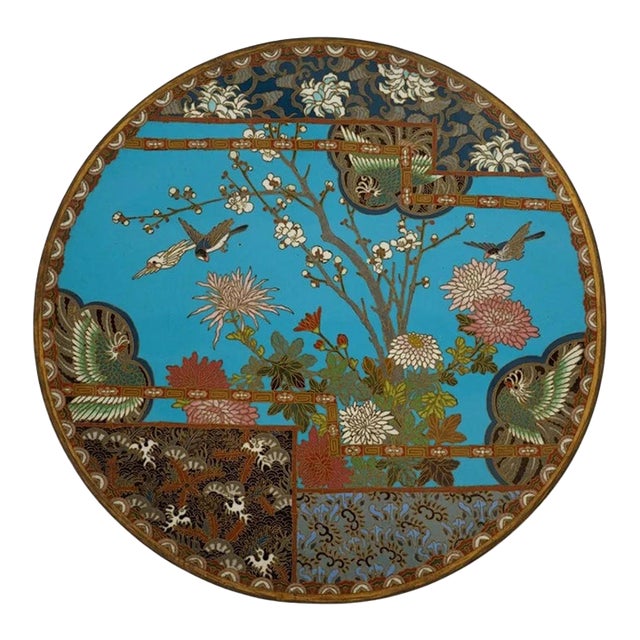Pair of Japanese Cloisonne Enamel Meiji Plates With Birds and Chrysanthemums For Sale