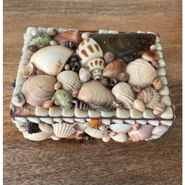 A sweet, vintage, collection of seashells showcased on a felted box exemplifying a bit of folk art from the ‘70s.