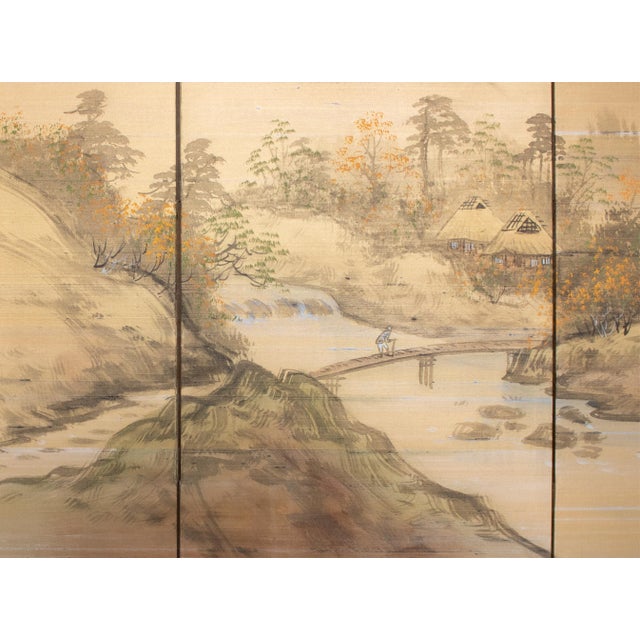 1960s 1960s Shōwa Era Japanese Byobu Screen, "Mountain Landscape With River and Bridge" For Sale - Image 5 of 18