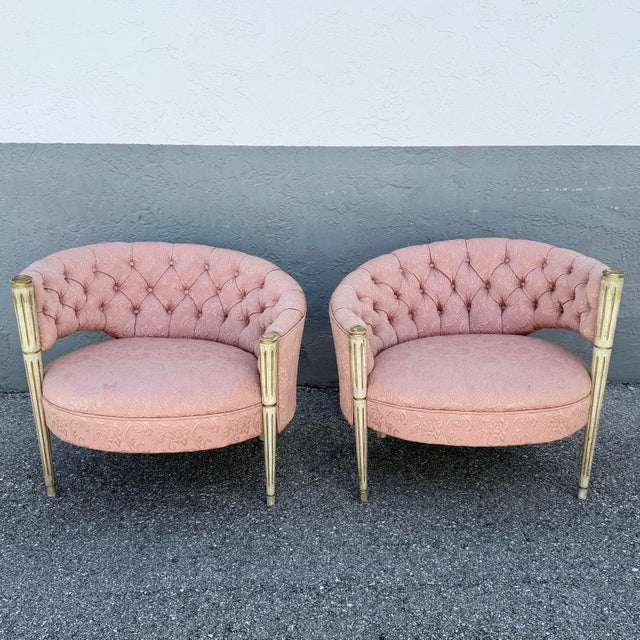 Vintage French-Style Tufted Pink Barrel Accent Chairs - A Pair For Sale In West Palm - Image 6 of 11