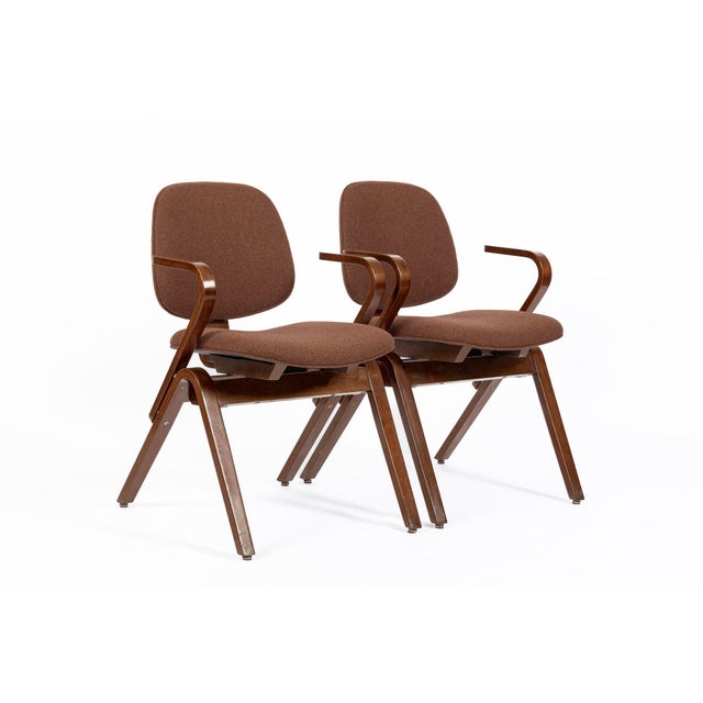 Wood Pair Mid Century Brown Plywood Arm Chairs by Joe Atkinson for Thonet For Sale - Image 7 of 12