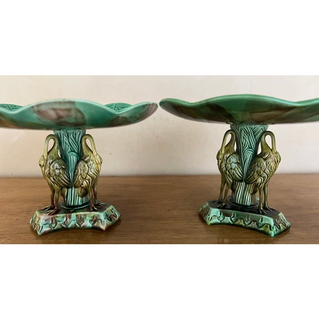 Antique English Majolica Pond Lily Compote With Stork , C. 1880's For Sale - Image 9 of 16