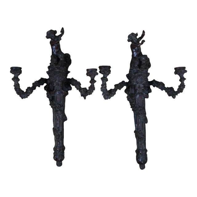 Late 19th Century Bronze Two Arm Candelabra Candle Holder Wall Sconces Faun Bacchus- a Pair For Sale