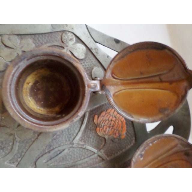 Antique Art Nouveau Austria Geschutzt Double Inkwell W Pen Holder, Flower Design For Sale - Image 4 of 7