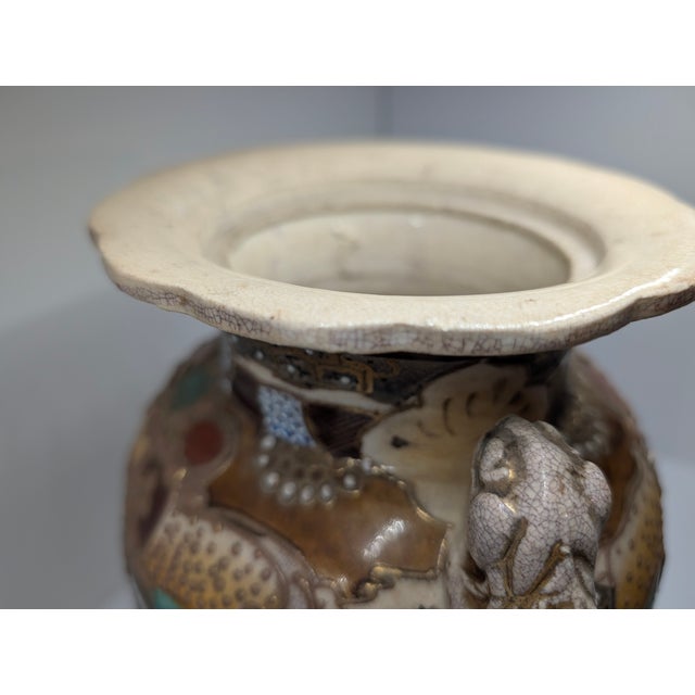 Vintage Hand‑Painted Oriental Ceramic Vase With Foo Dog Handles For Sale - Image 10 of 11