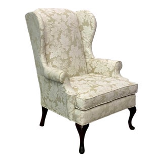 Vintage Chippendale Style Mahogany Frame Ivory Upholstered Wingback Chair For Sale