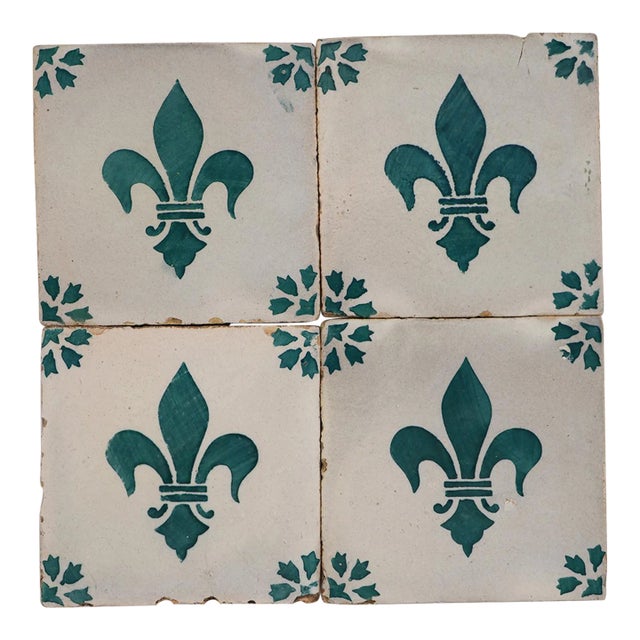 19th Century Fleur De Lis Set of Four Tiles, Antique, Portuguese For Sale