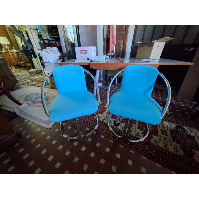 Italian Steel and in Turquoise Cotton Upholstery Armchairs, 1960s, Set of 2 For Sale - Image 18 of 18