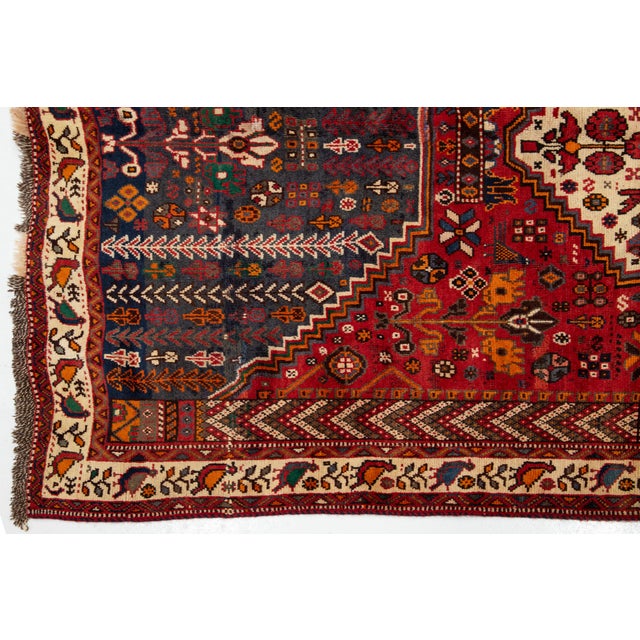 Textile 5 X 7 Vintage Shiraz Handmade Wool Rug in Red and Blue For Sale - Image 7 of 8