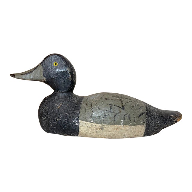 Antique Hand Carved Wood Folk Art Bluebill Drake Duck Decoy Bird Sculpture For Sale