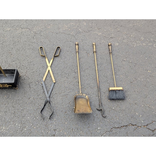 Vintage 4 Piece Set Brass Fireplace Tools With Stand For Sale In Washington DC - Image 6 of 10