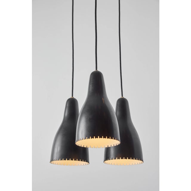 Black 1950s Bent Karlby 3-Shade Chandelier in Black Painted Metal & Brass for Lyfa For Sale - Image 8 of 9