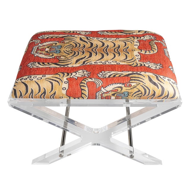 Mid-Century Modern Delano Nickel Tiger Lucite X-Bench For Sale - Image 3 of 4
