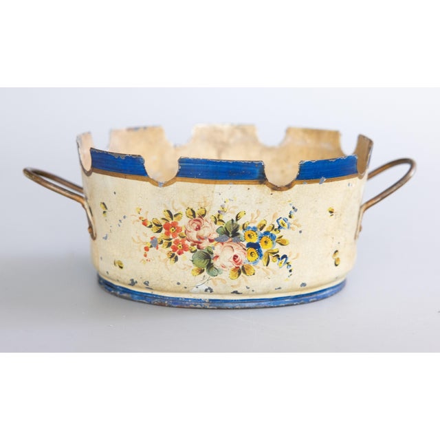 A charming petite antique 19th-Century French tole monteith cachepot with handles. This lovely jardiniere is finely hand...