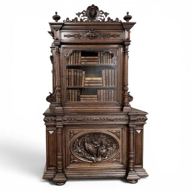 Renaissance 19th Century French Renaissance Revival Oak Bookcase ~ Bibliothèque With Beveled Glass For Sale - Image 3 of 16