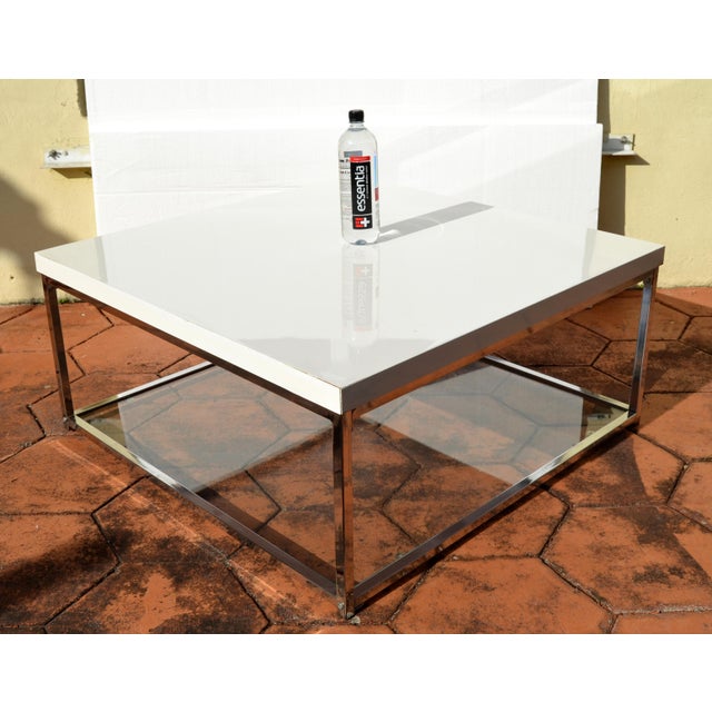 Modern White Glossy Top Chrome Coffee Table With Tempered Glass Bottom Shelf For Sale - Image 18 of 18